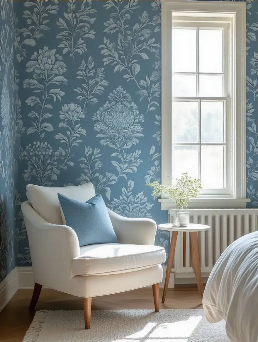 Serene bedroom corner featuring blue patterned wallpaper with botanical designs, white minimalist furniture, natural lighting