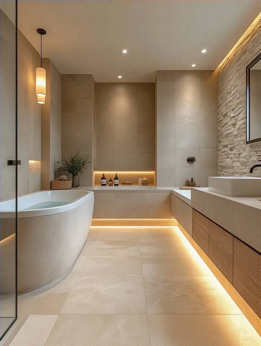Elegant bathroom showcasing a variety of tile materials including porcelain and natural stone.