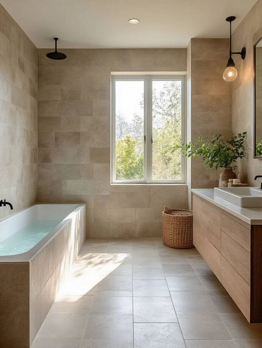 A beautifully designed bathroom showcasing various tile grades and finishes under natural lighting.