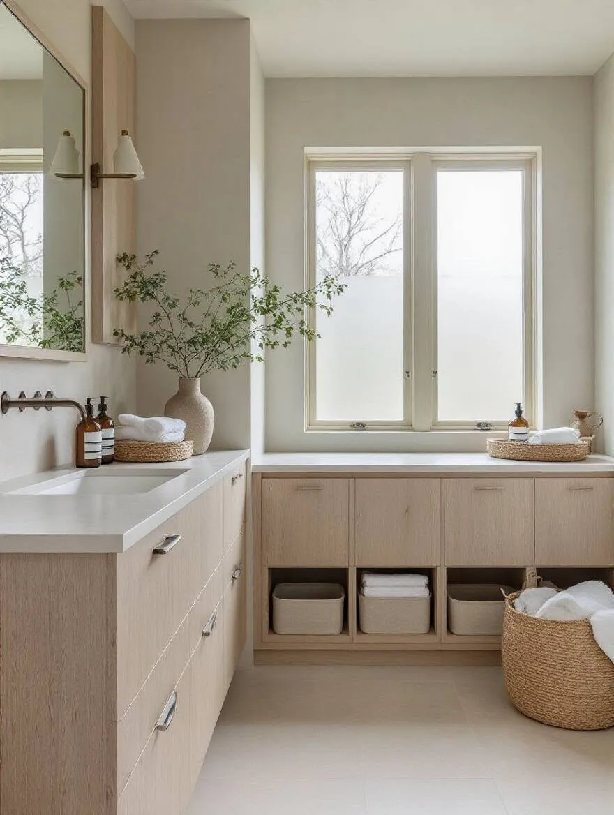 Minimalist bathroom with custom cabinetry concealing bins, showcasing a clean and organized space.