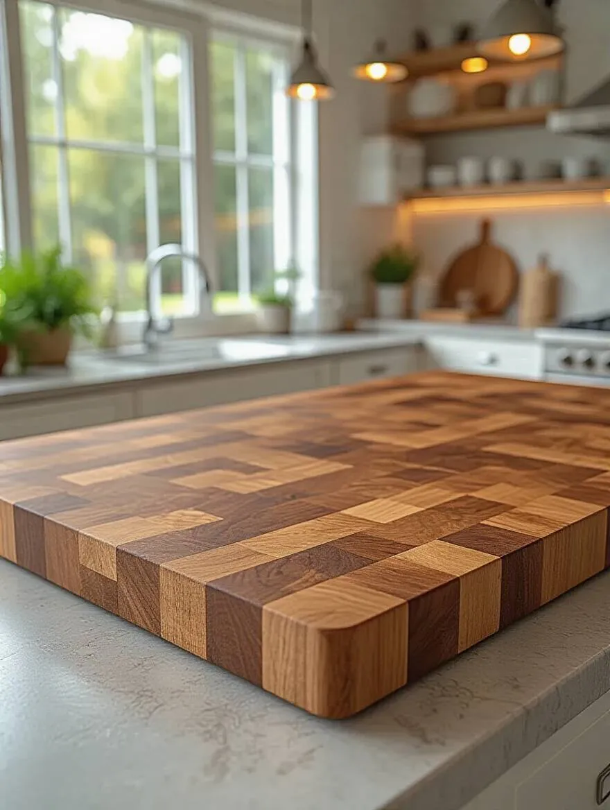 Close-up portrait of a thick walnut butcher block top on a kitchen island with rich wood grain and warm lighting