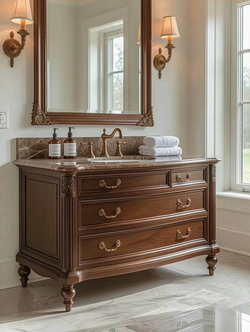Luxurious bathroom with a dark wood freestanding vanity and marble countertop as the design focal point
