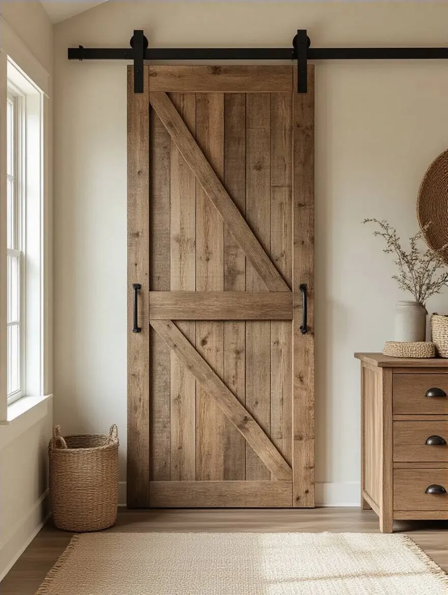 tic sliding barn door in a farmhouse bedroom with warm lighting and farmhouse decor
