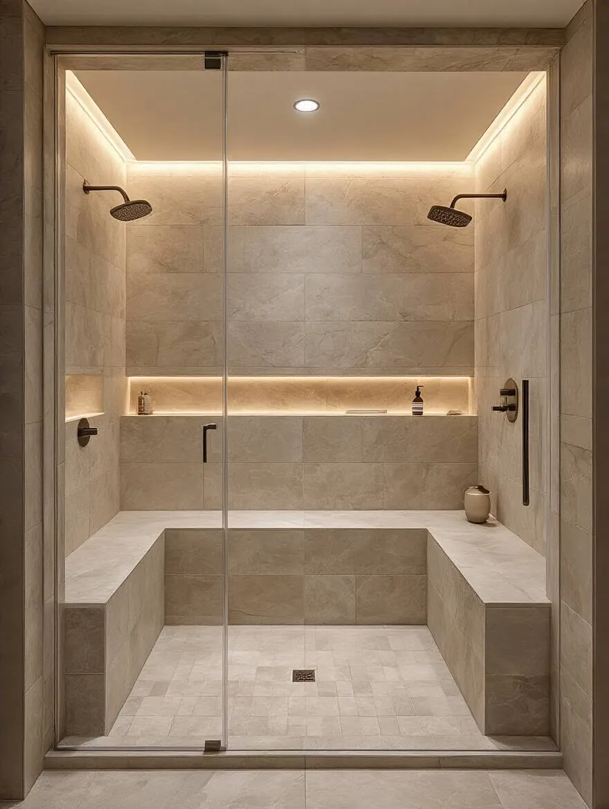 Luxurious spa-like walk-in shower with natural stone walls, rain showerheads, and ambient lighting in modern bathroom