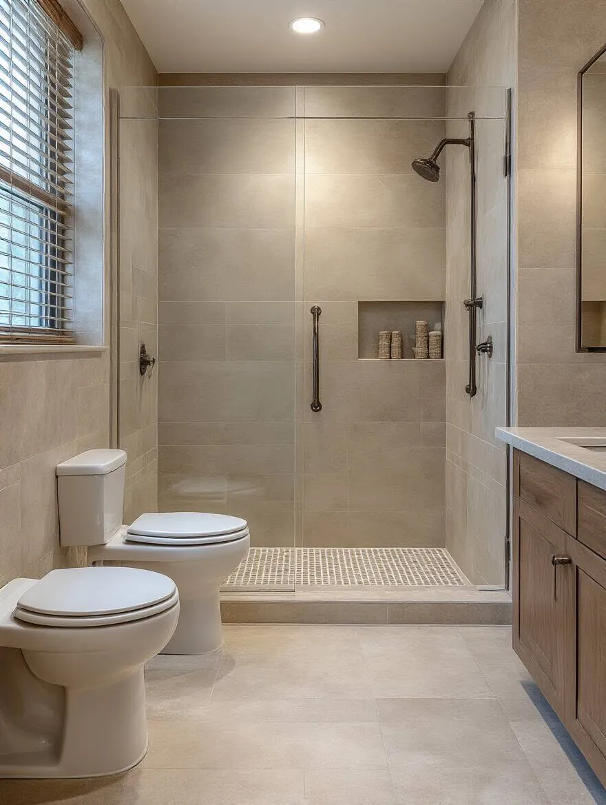 A stylish bathroom featuring accessibility-focused tile design with curbless shower and wide clearance.