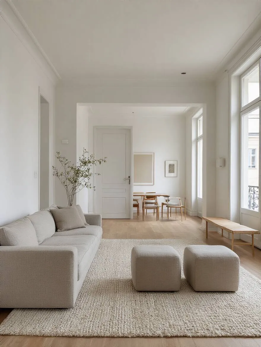 Modern living room with clear, wide traffic pathways and floating furniture for smooth movement