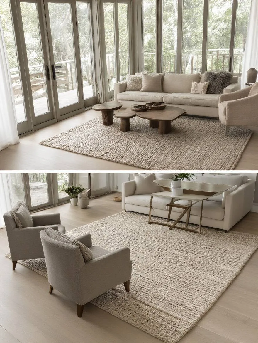 Open-concept living room with defined zones created by strategic rug placement.