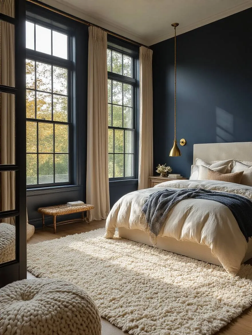 Cozy bedroom with deep navy walls and luxurious decor