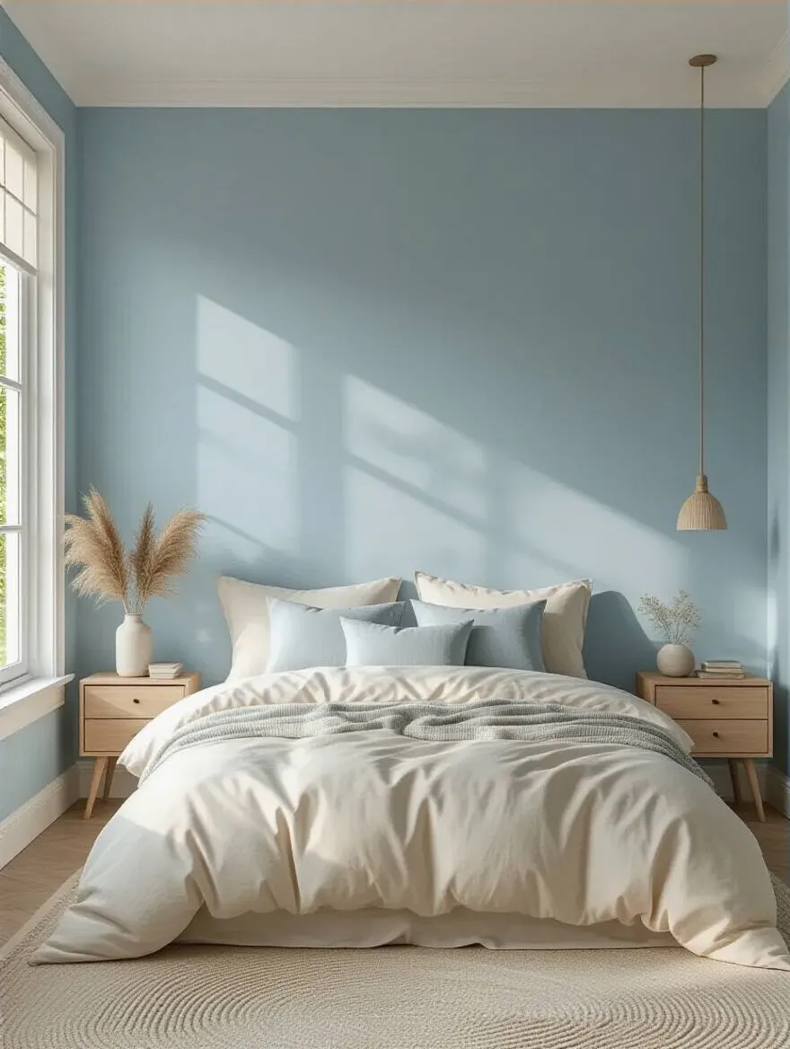 Serene bedroom with soft powder blue walls, natural wood furniture, and creamy white bedding creating a calming retreat