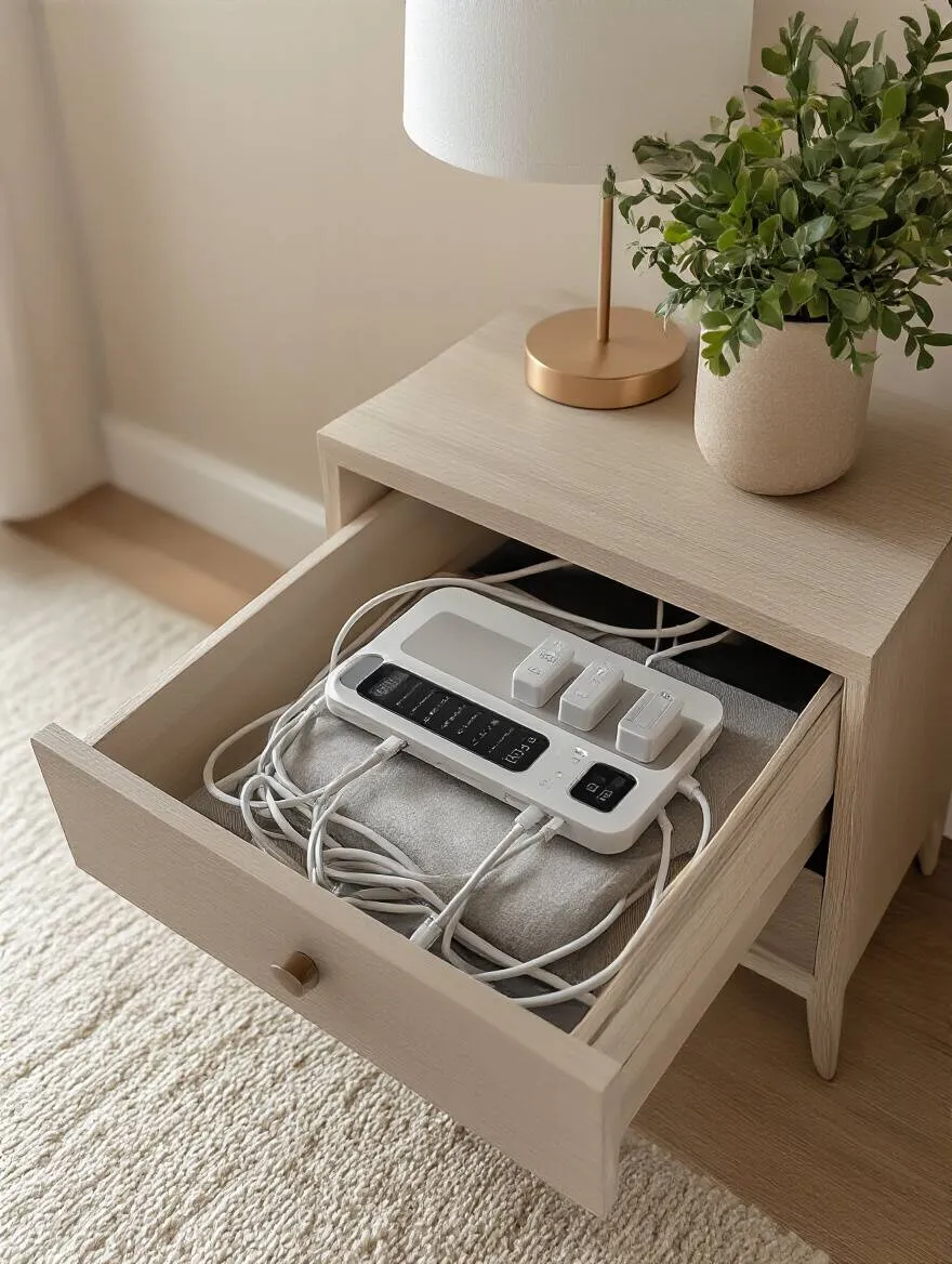 Neatly organized centralized charging station inside a nightstand drawer