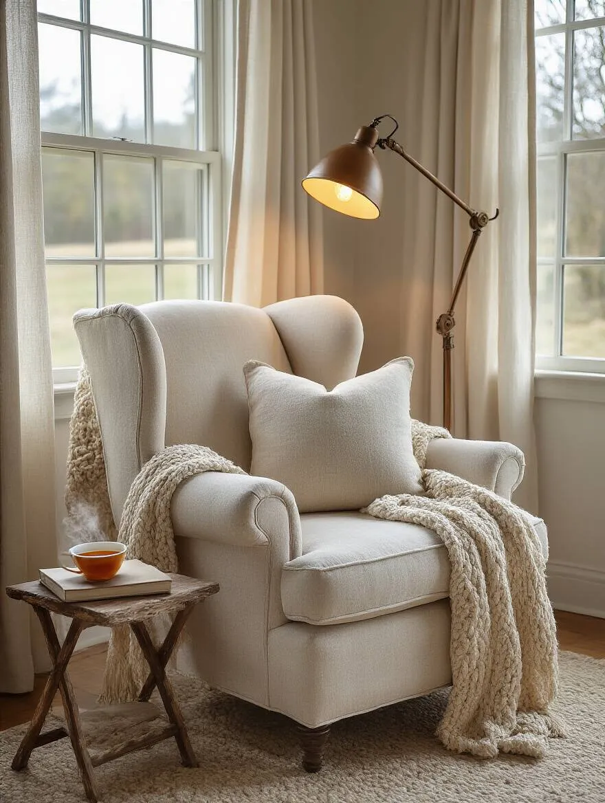 Cozy reading nook in a farmhouse bedroom featuring a comfortable wingback chair near a window with natural light and warm adjustable floor lamp