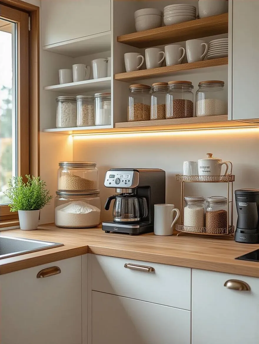 Organized kitchen baking and coffee station with airtight containers, coffee maker, and tiered shelves on wooden countertop