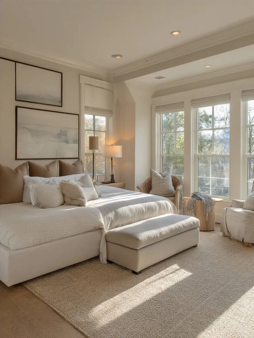 Master bedroom interior showcasing a functional floor plan with distinct zones and optimized furniture layout