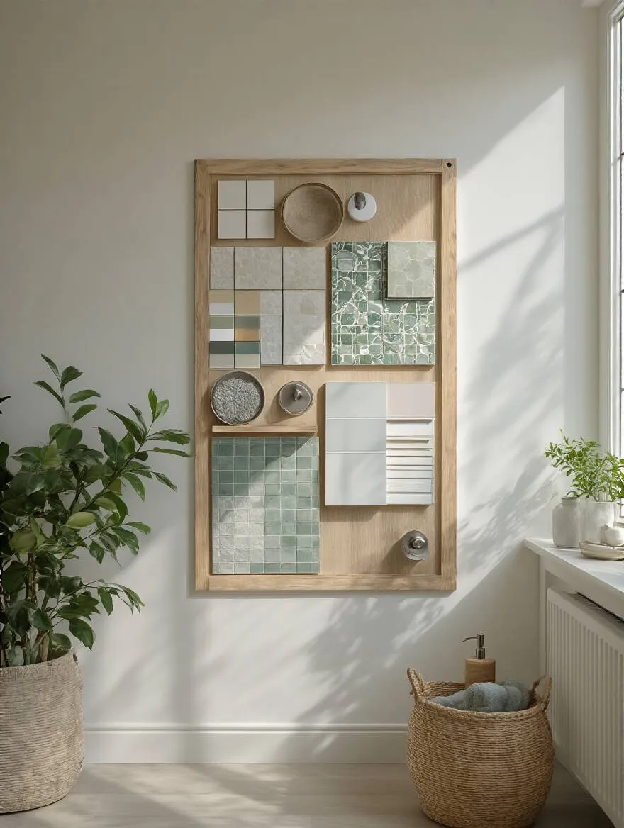 Inspirational mood board for bathroom renovation with tiles, paint swatches, and fixtures displayed on a white wall