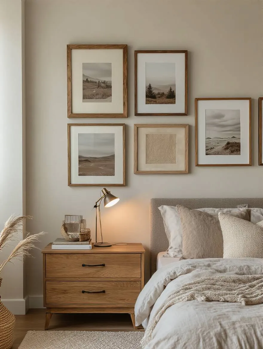 Cozy bedroom corner with a curated framed photo display featuring mixed material frames and warm lighting