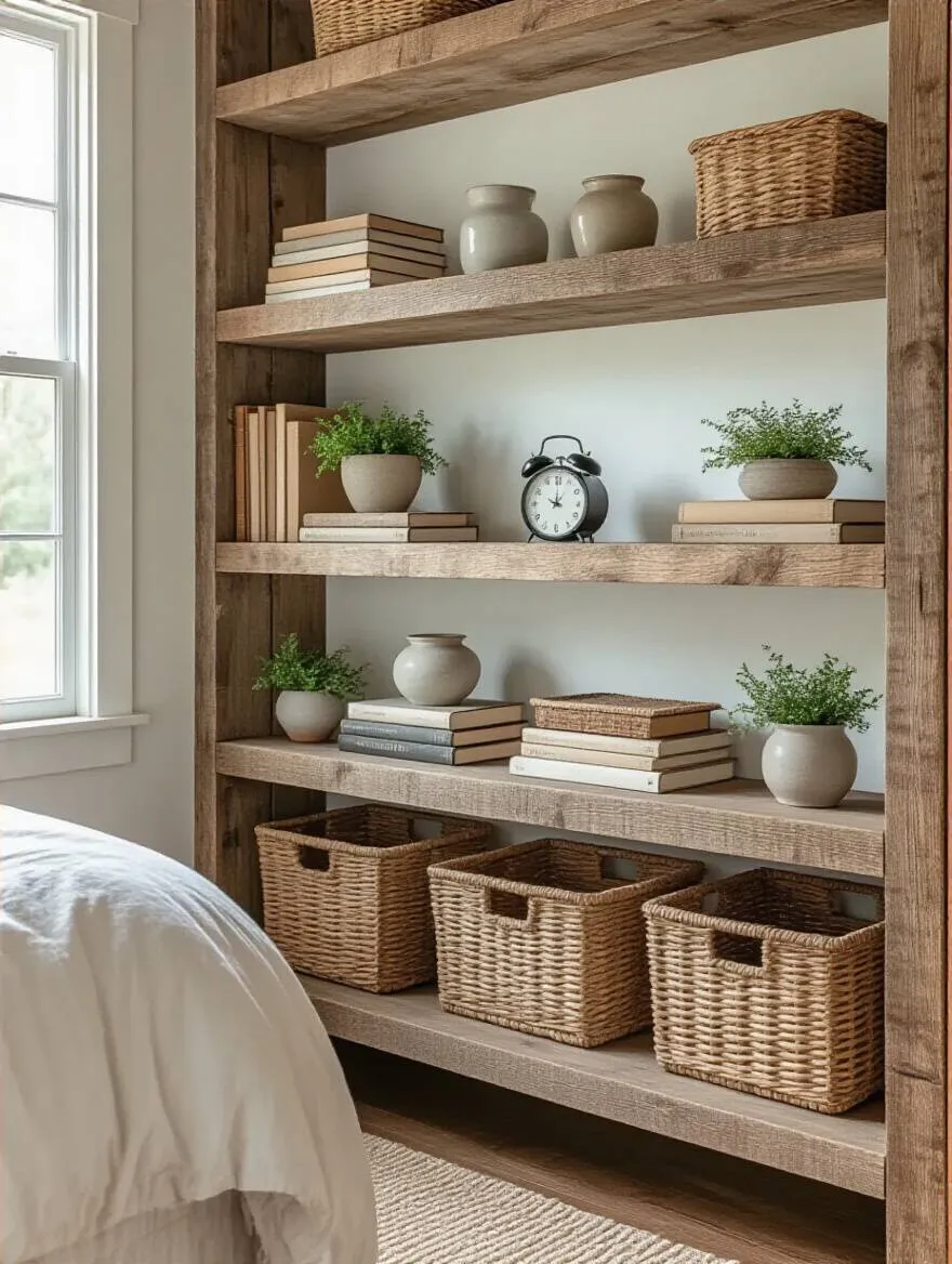 Open shelving in a farmhouse bedroom styled with vintage books, greenery, and decorative baskets