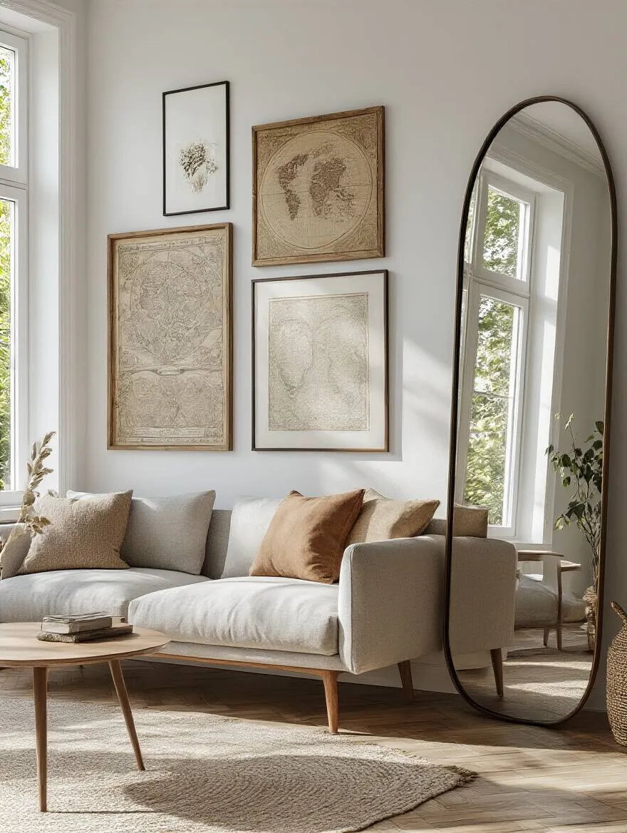 Curated living room wall art and large decorative mirror reflecting natural light in stylish furniture decor