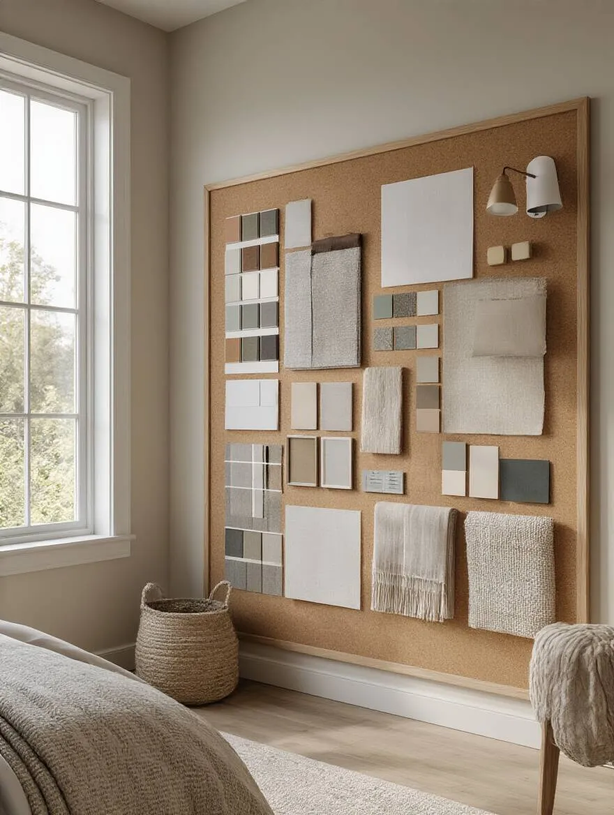 Master bedroom inspiration mood board with fabric swatches, paint chips, and furniture images on corkboard