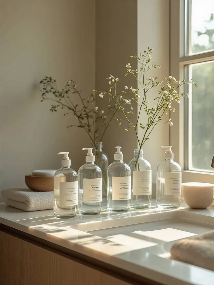 Minimalist bathroom countertop with uniform refillable bottles for a clutter-free look