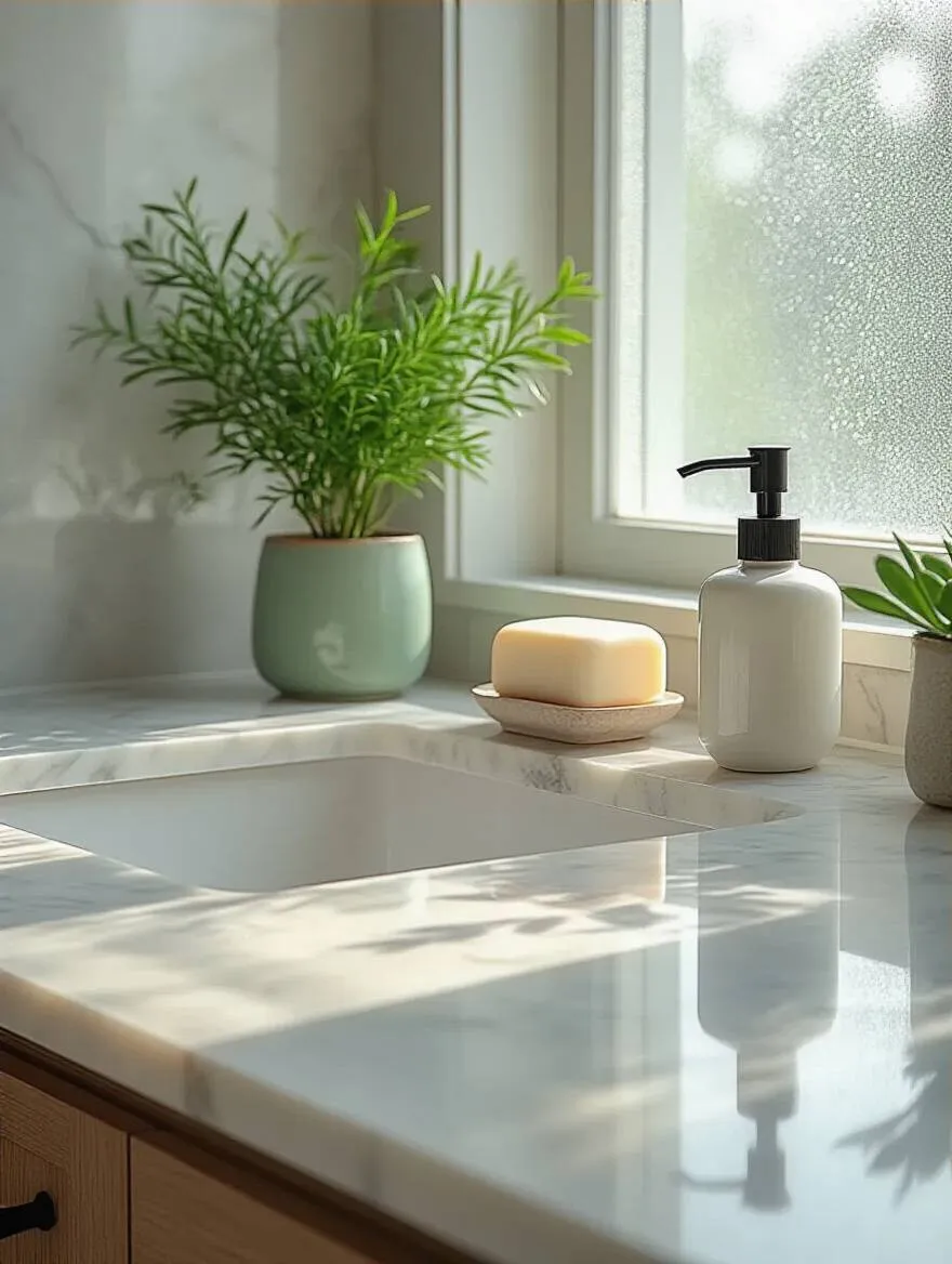 Clean and minimalist bathroom countertop with a soap dispenser and small plant, showcasing a decluttered and serene environment
