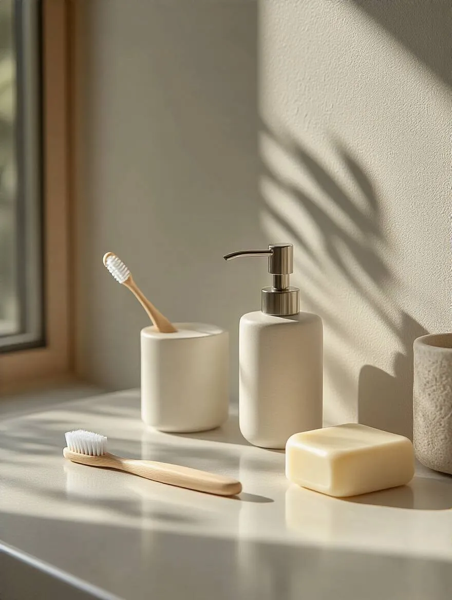Minimalist bathroom with only essential daily items on the counter, showcasing simplicity and clarity.