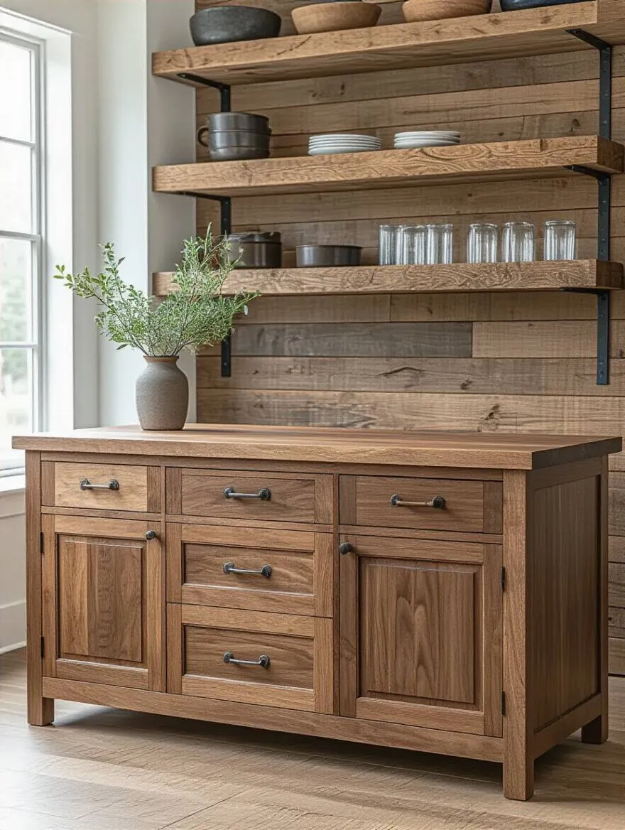 Portrait image of wood kitchen island showing rustic, contemporary, and traditional aesthetic styles side by side in a well-lit kitchen