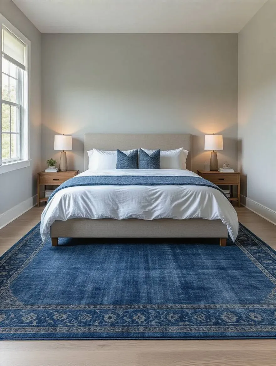 Serene bedroom with queen bed and deep blue area rug defining the sleeping space, soft natural lighting highlighting rug texture