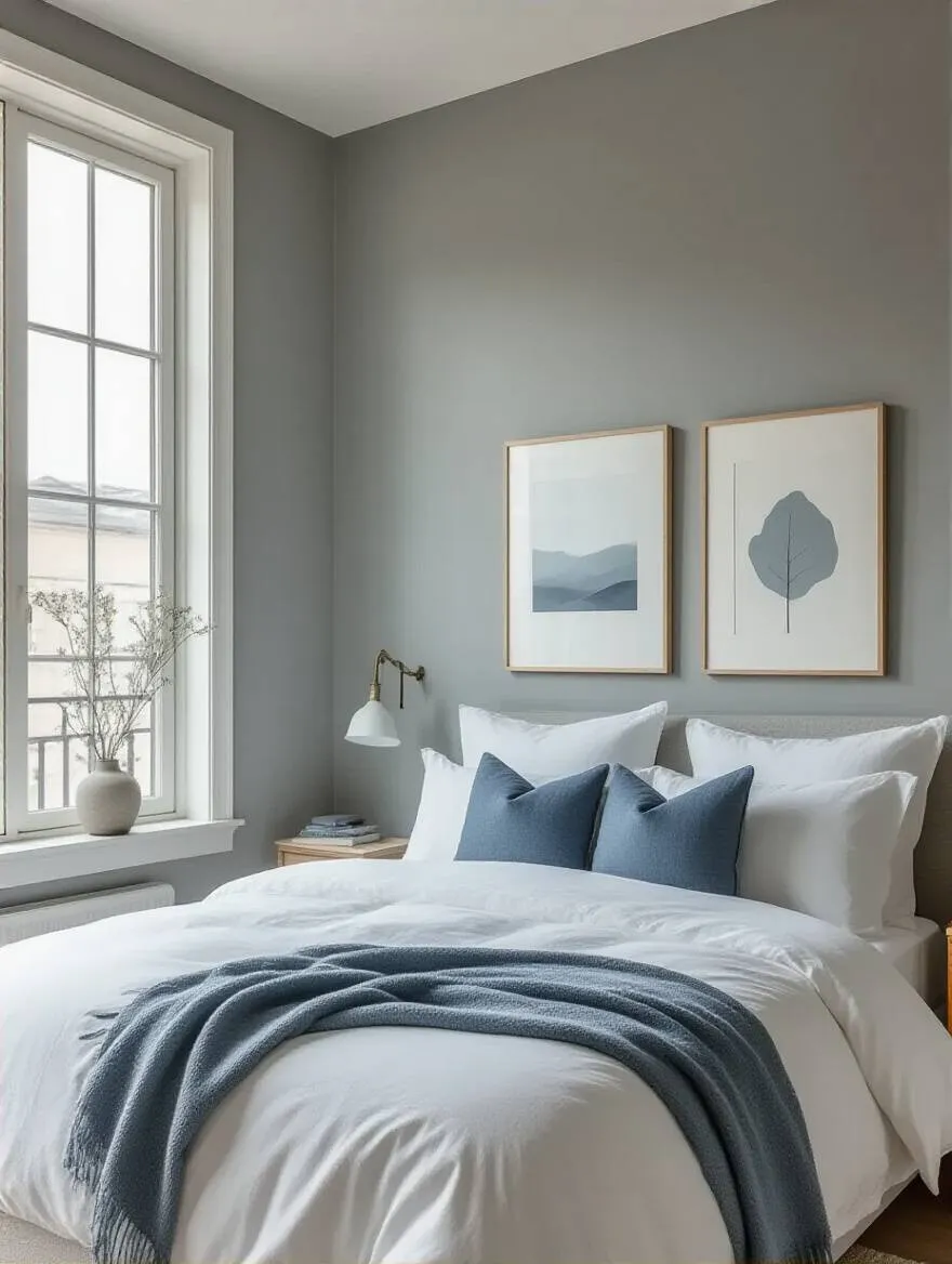 Serene bedroom interior showing a cohesive aesthetic and color palette with soft gray walls, white bedding, and blue accent decor