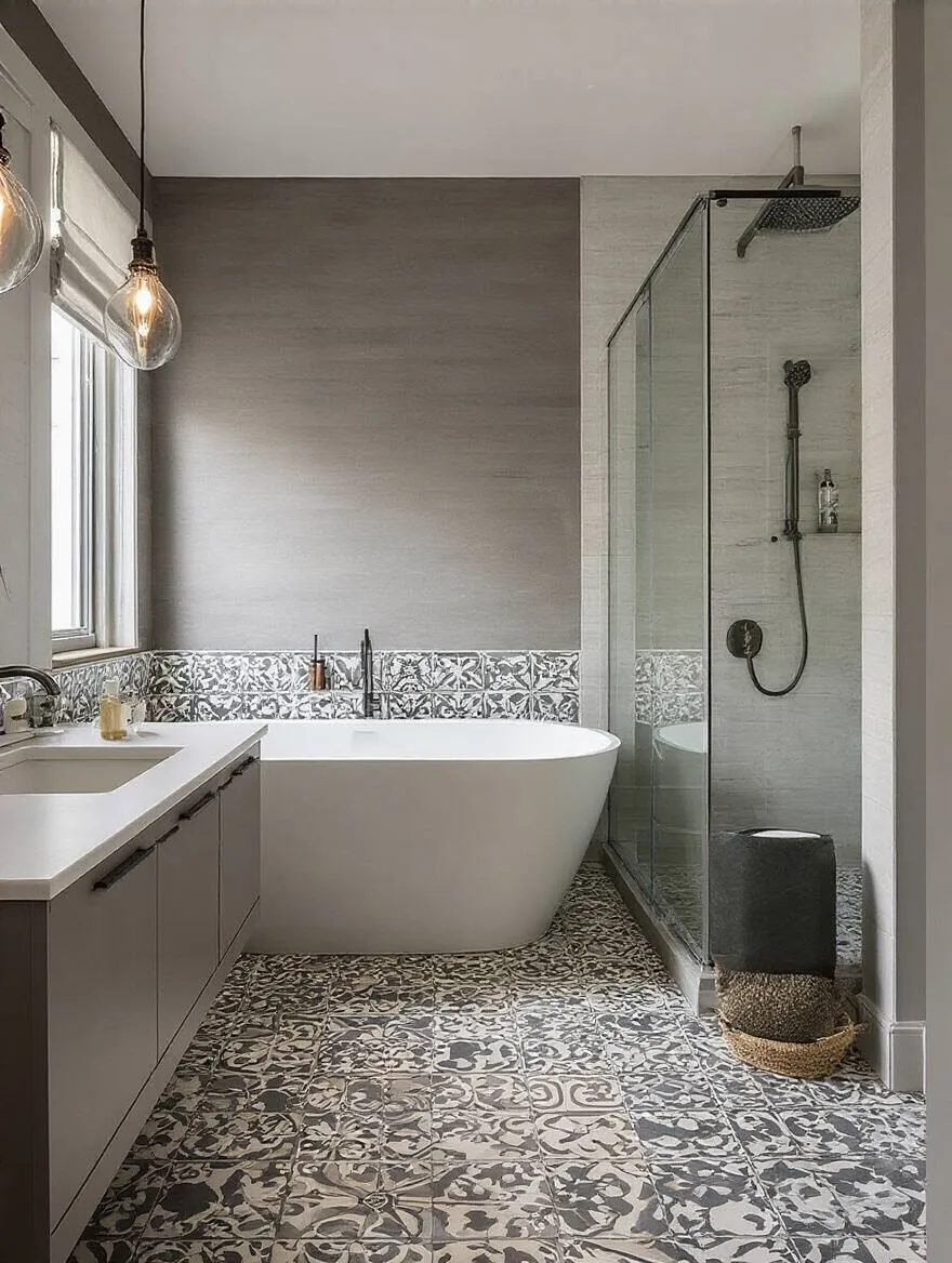 Top-down view of a detailed bathroom renovation budget spreadsheet with blueprints and calculator on wooden desk in natural light