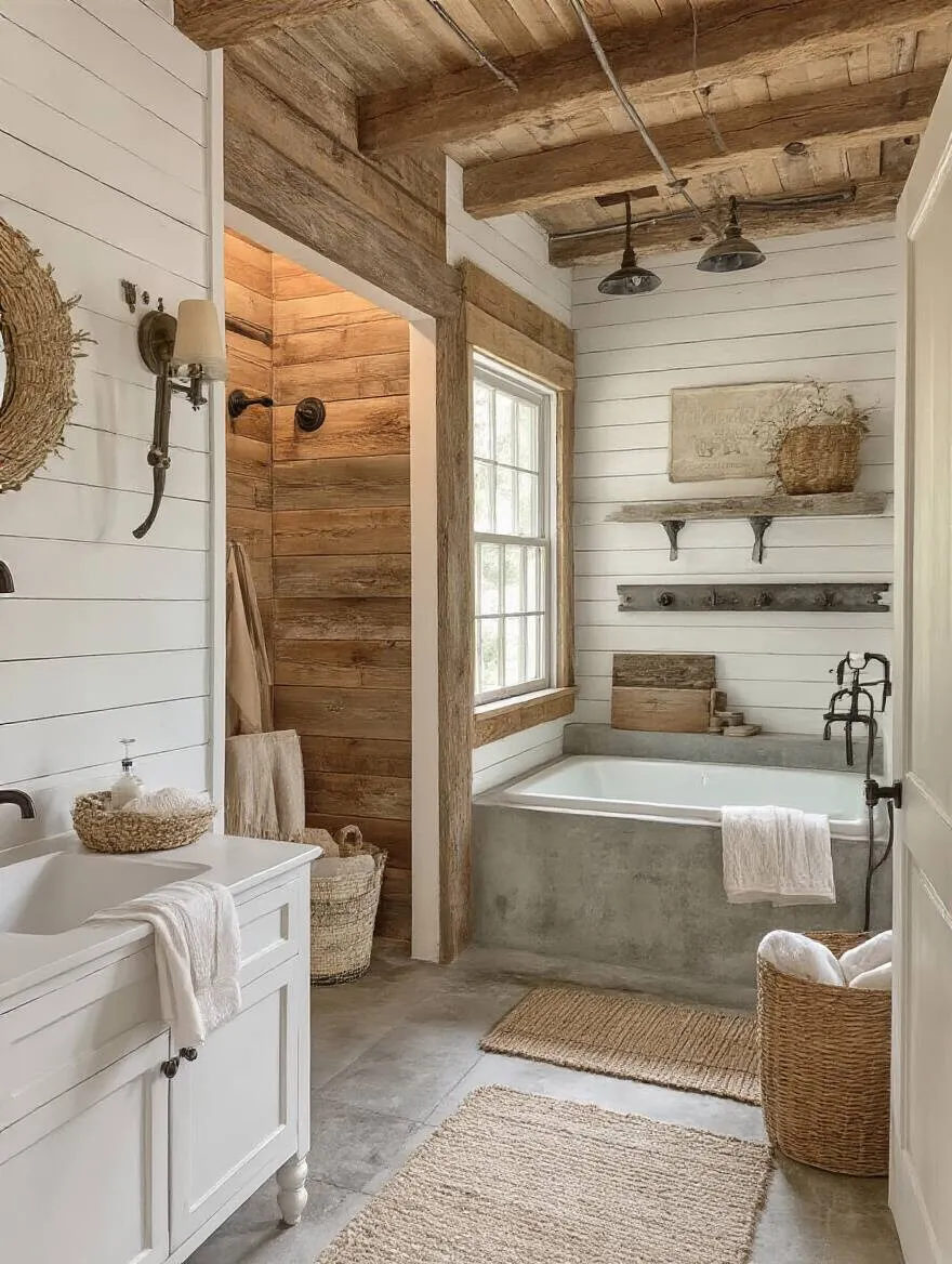Rustic bathroom decor showcasing Farmhouse, Cabin, and Industrial styles