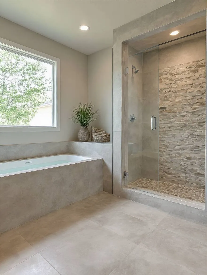A serene bathroom with polished concrete tiles and river stone accents, highlighting the concept of bathroom tile style persona.