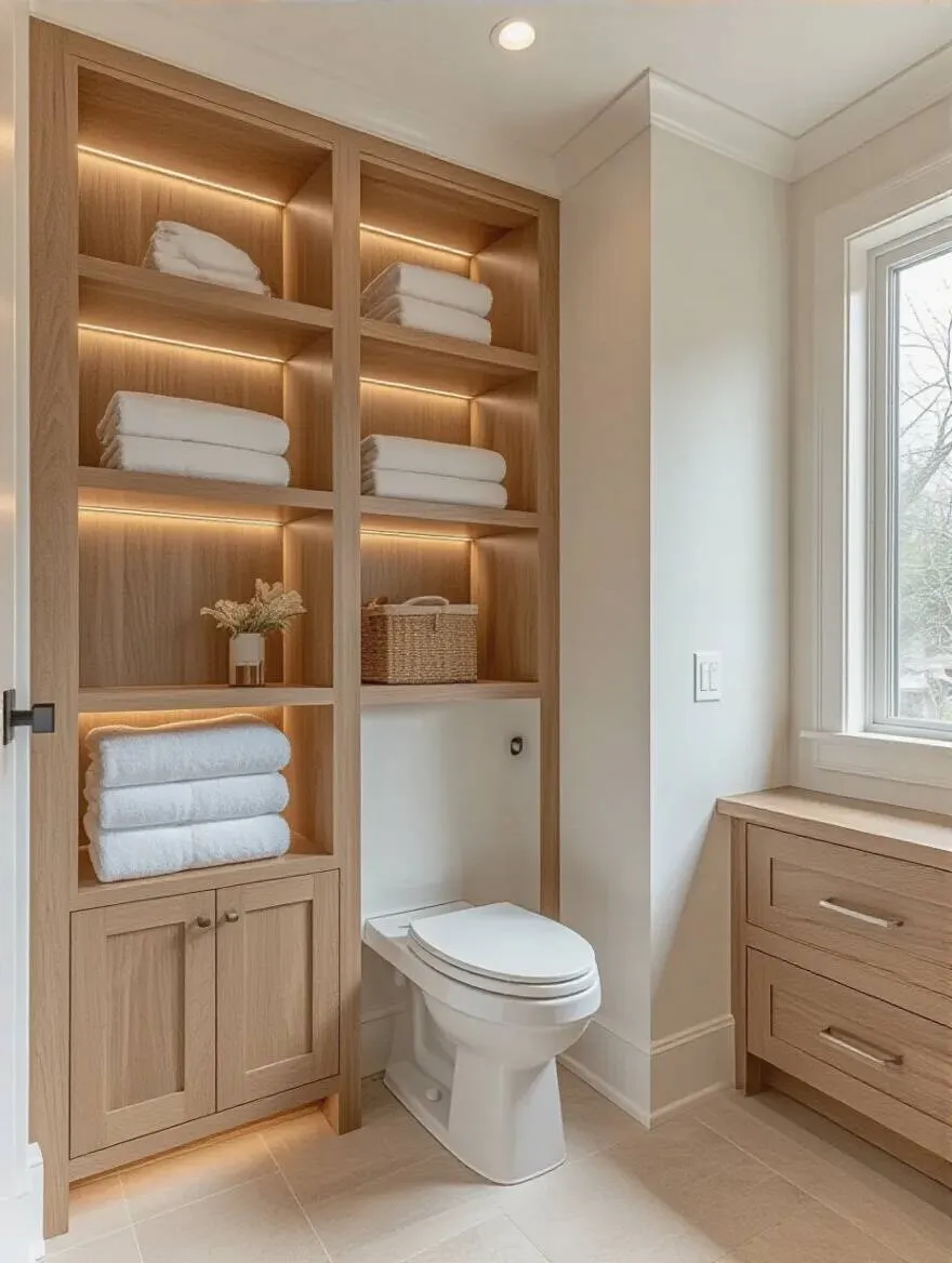 Modern bathroom with custom built-in storage cabinets and shelves, featuring integrated LED lighting and natural light