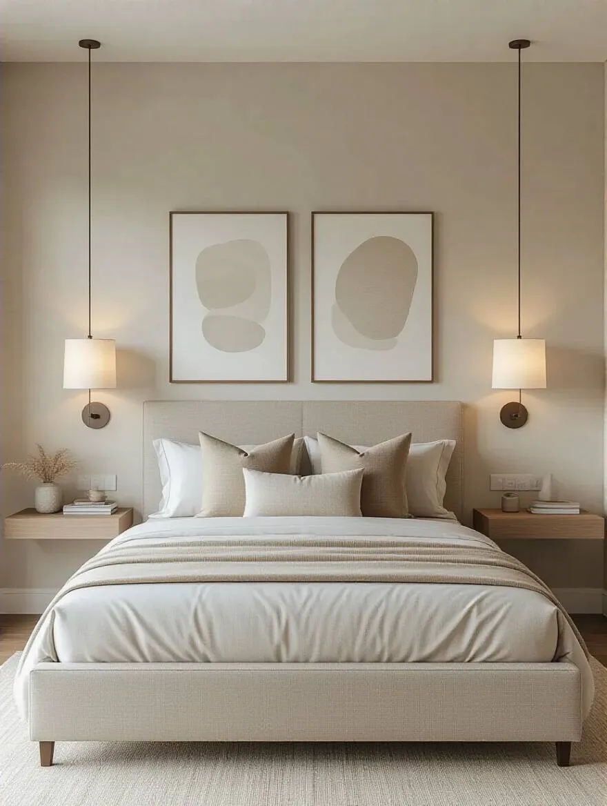 Serene bedroom wall with symmetrical layout featuring matching lamps and artwork on either side of a centered bed