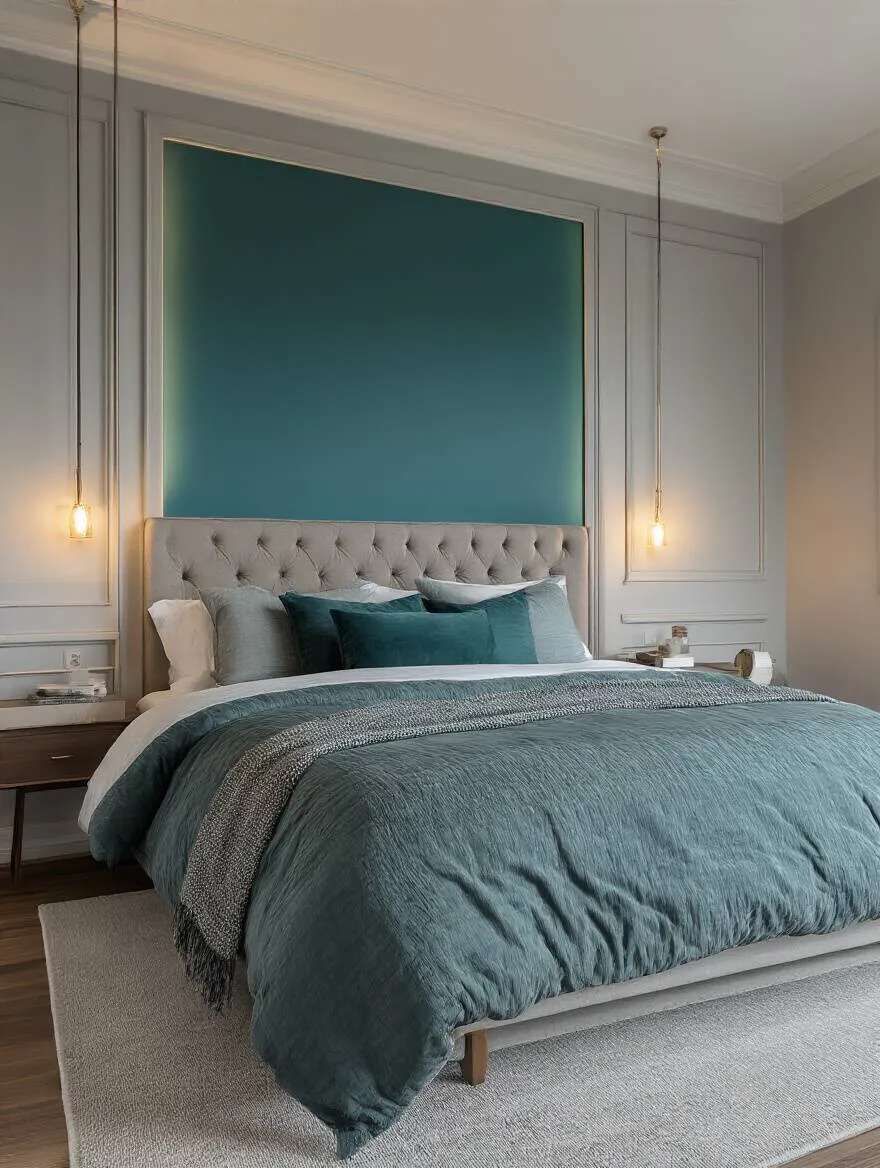 Beautiful bedroom with a striking teal accent wall behind the bed, highlighting its elegance and warmth.
