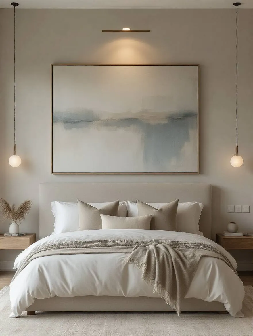 Master bedroom showcasing a large abstract art piece as a focal point above the bed with warm lighting and minimalist decor