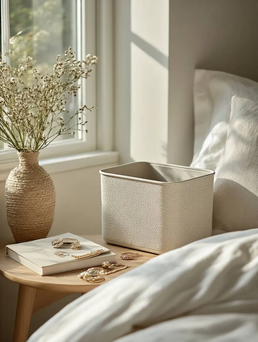 Stylish holding zone bin in an organized bedroom setting