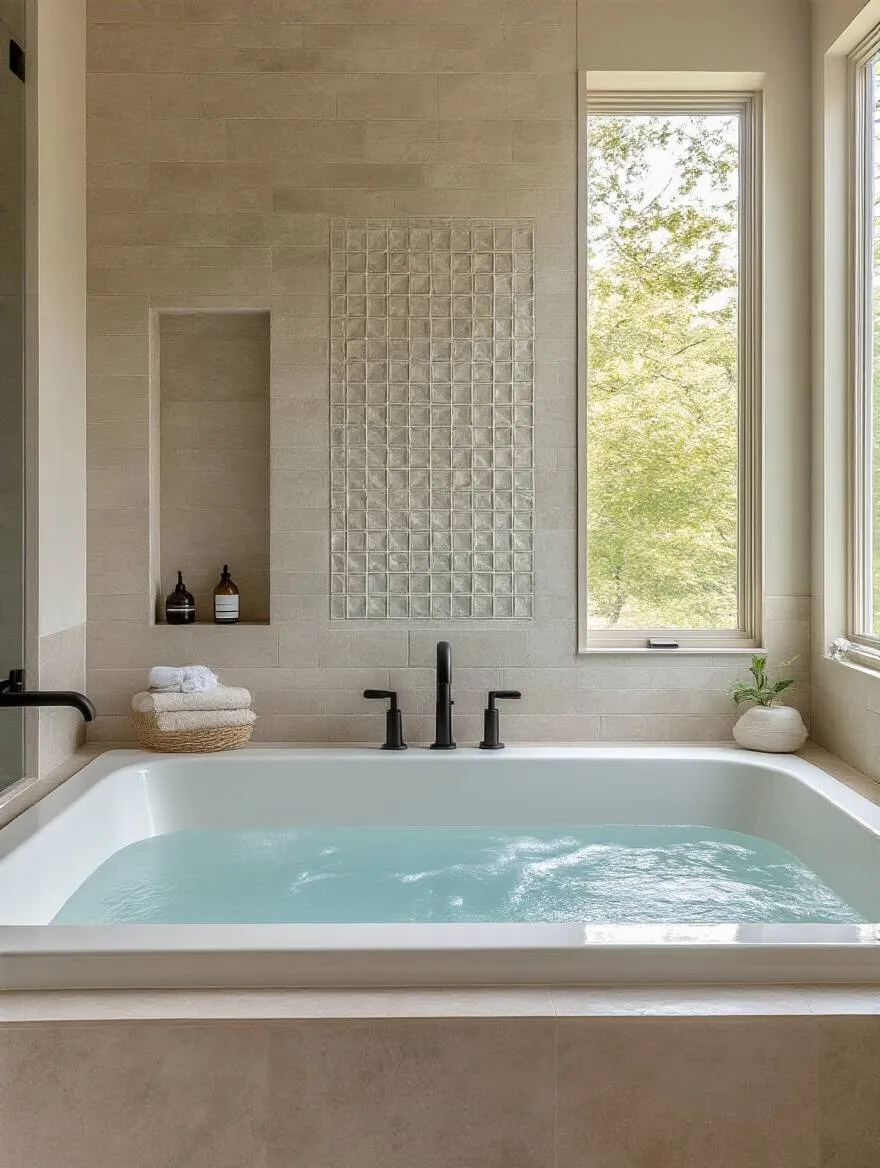 A beautifully designed bathroom with a tile accent wall behind a bathtub, showcasing contemporary style.