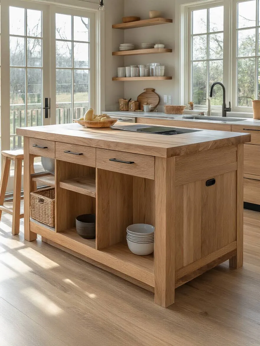 Wood kitchen island designed for primary use with integrated prep, dining, or storage features in a modern kitchen setting