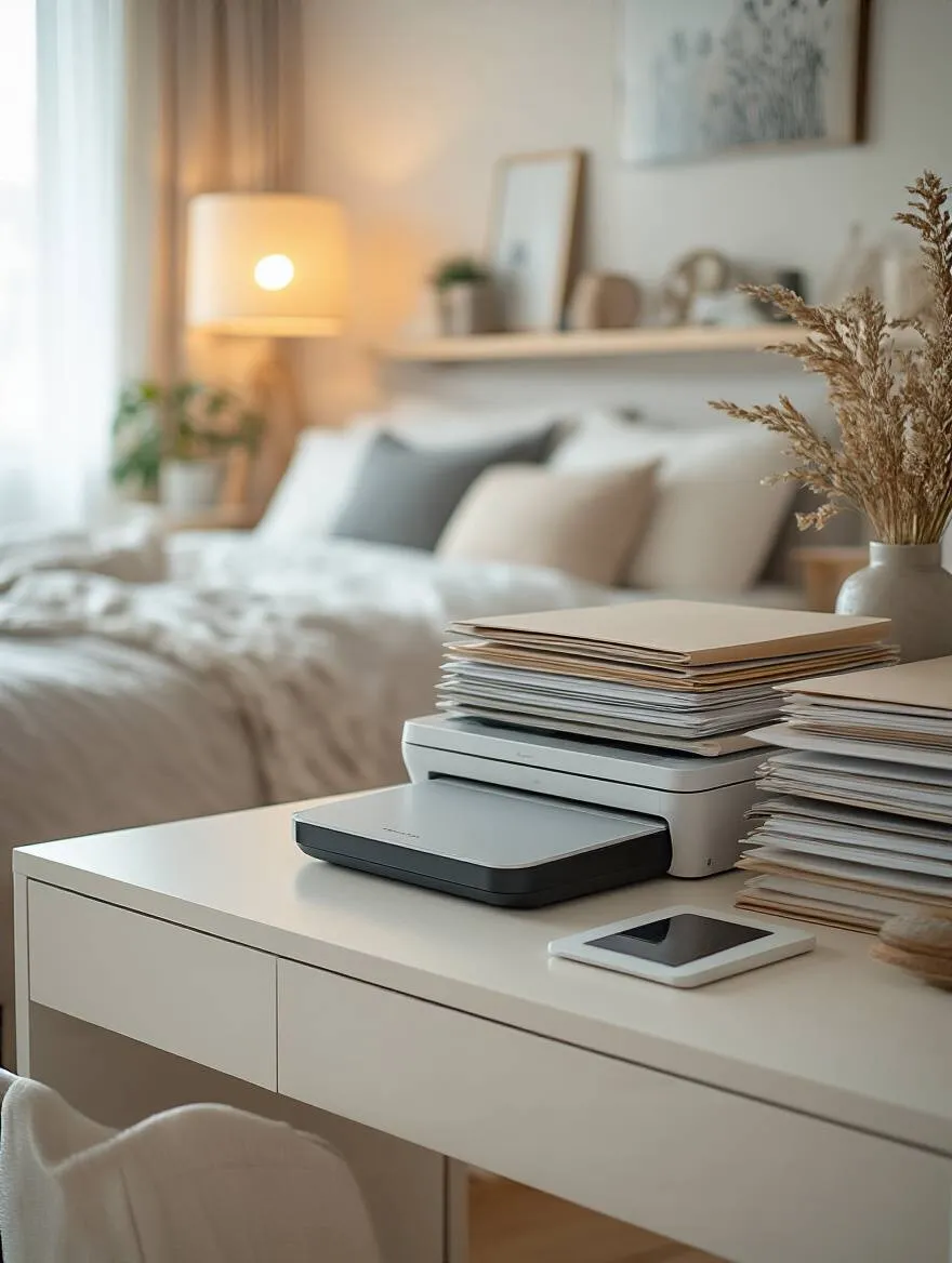 Organized bedroom workspace with a scanner and neatly arranged folders