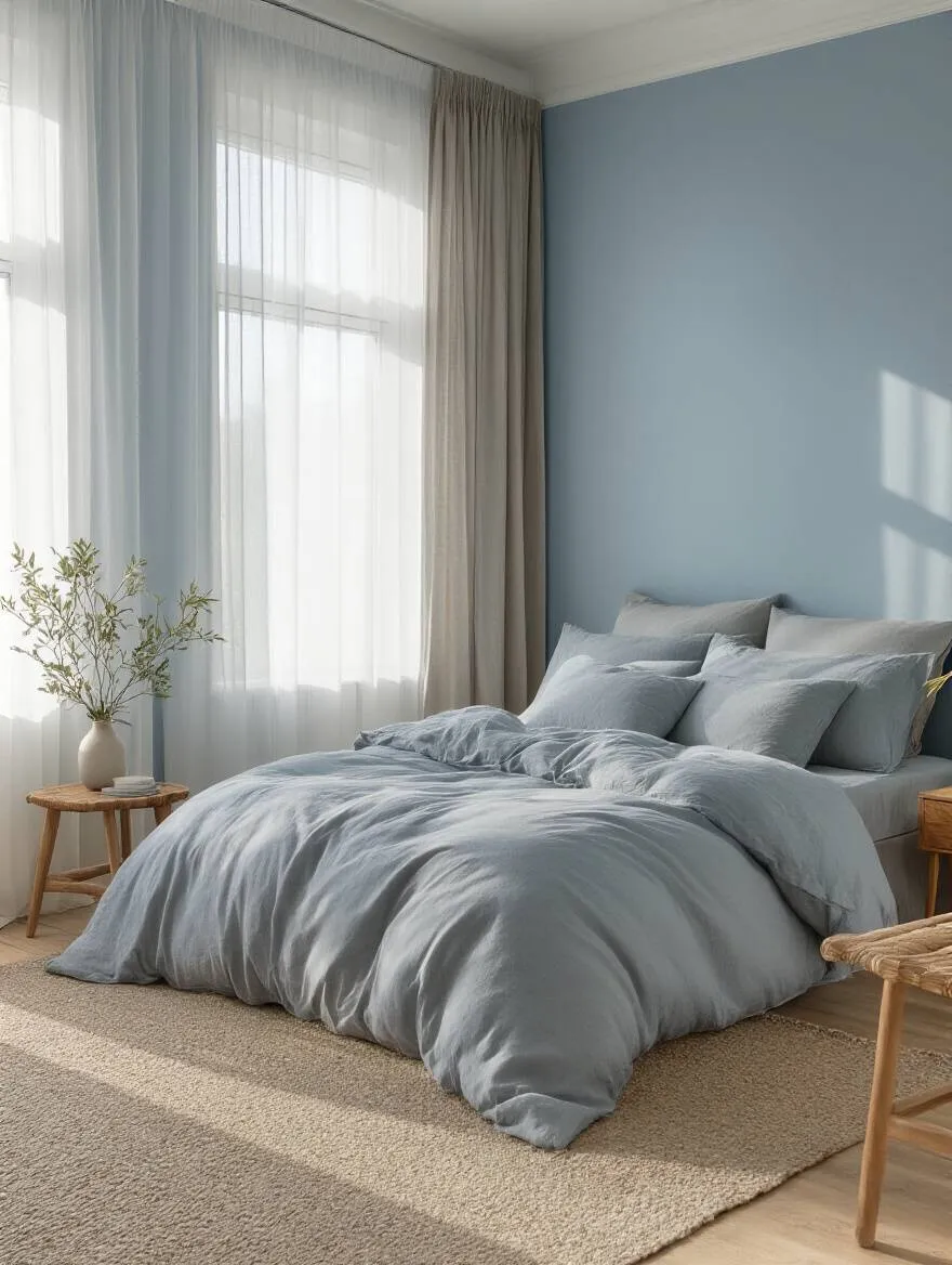 Serene bedroom with soft blue walls and warm gray bedding
