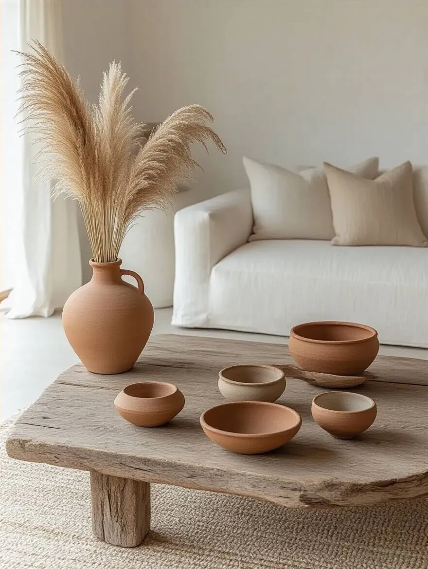 Boho living room featuring artisan crafted pottery and warm decor elements.