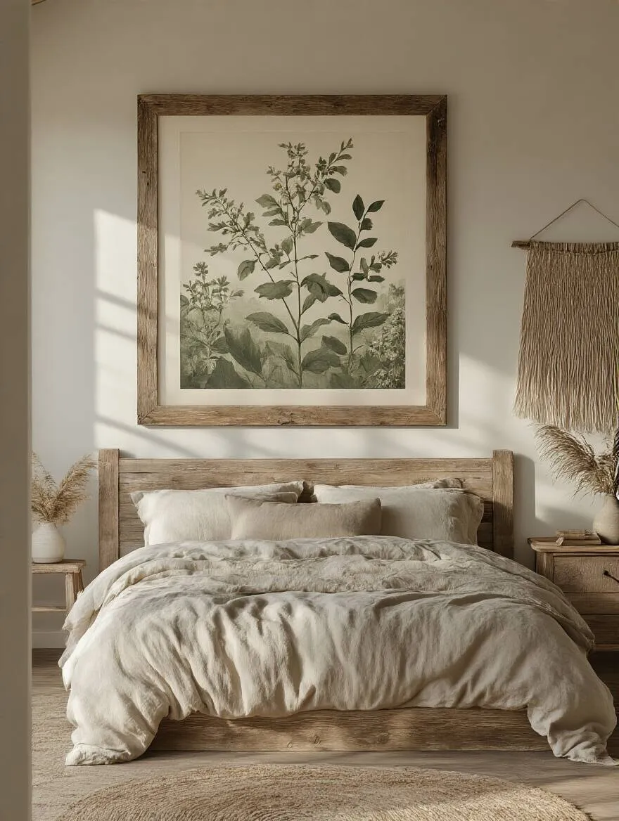 Cozy farmhouse bedroom with large botanical print framed in distressed wood and woven wall hanging, showcasing farmhouse bedroom decorations with natural textures and warm lighting