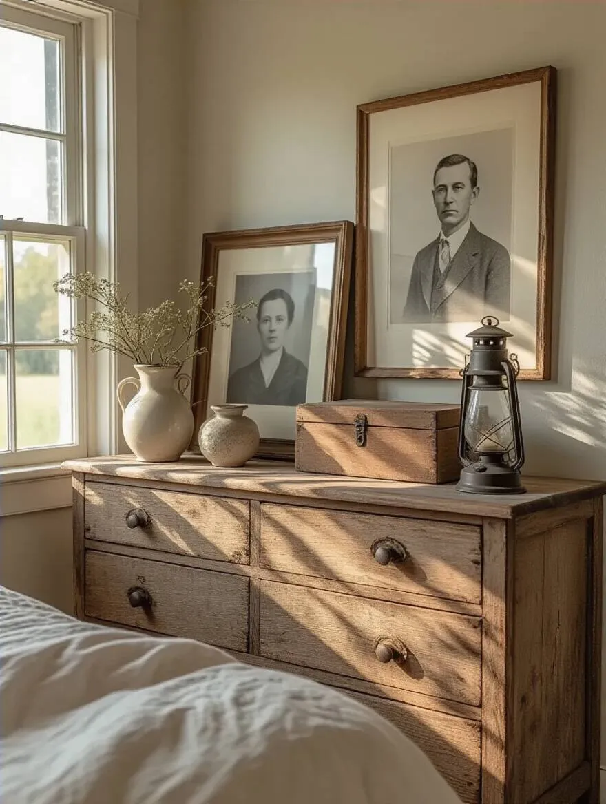 Rustic farmhouse bedroom dresser displaying heirloom and found objects including vintage photos, ceramic pitcher, and antique wooden box in warm natural light
