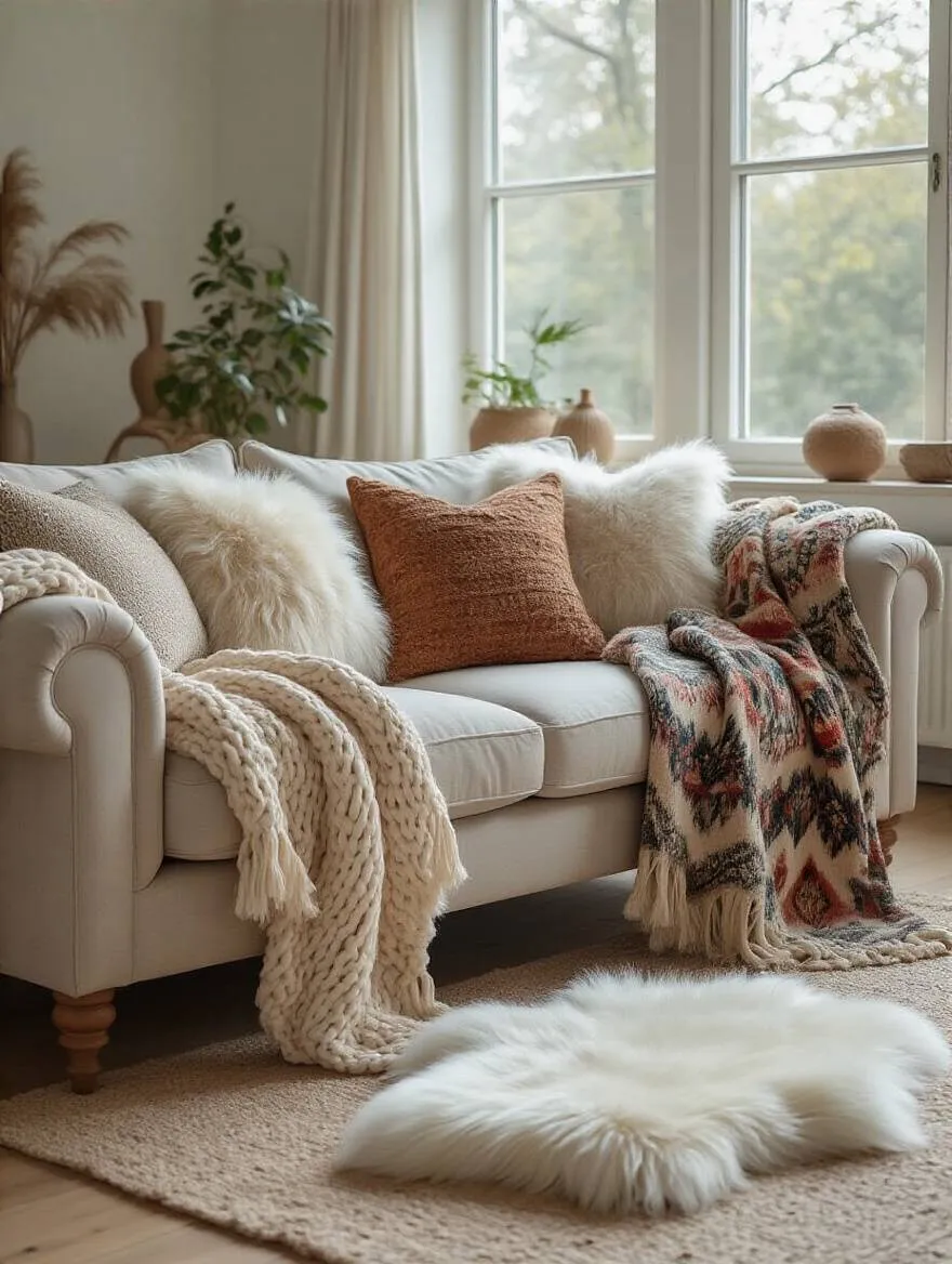 Bohemian living room with eclectic throws draped on a sofa