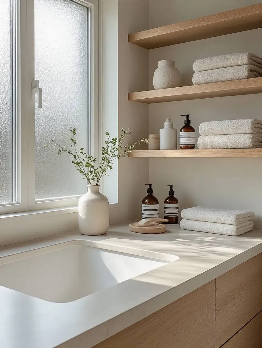 A minimalist bathroom with an organized countertop and shelves, showcasing the benefits of decluttering.