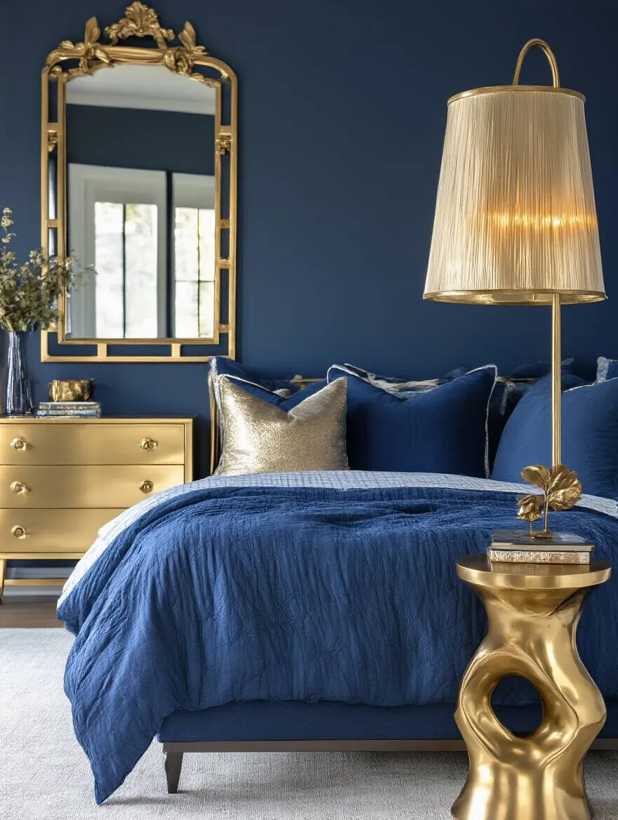 Blue bedroom with navy walls and gold metallic accents including a gold-framed mirror and bedside lamp