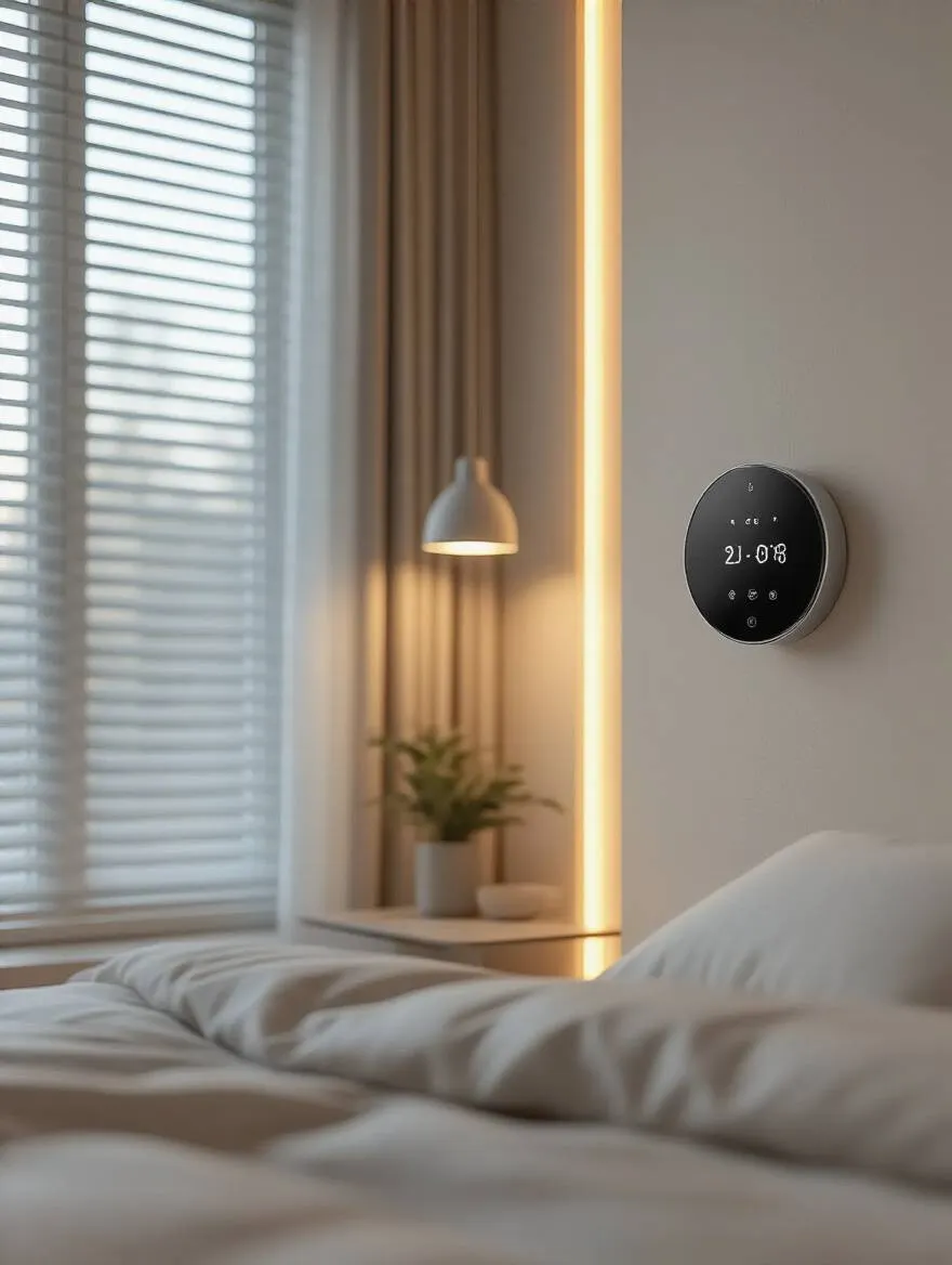 Modern master bedroom featuring integrated smart home technology with automated blinds, smart thermostat, and ambient lighting for seamless comfort