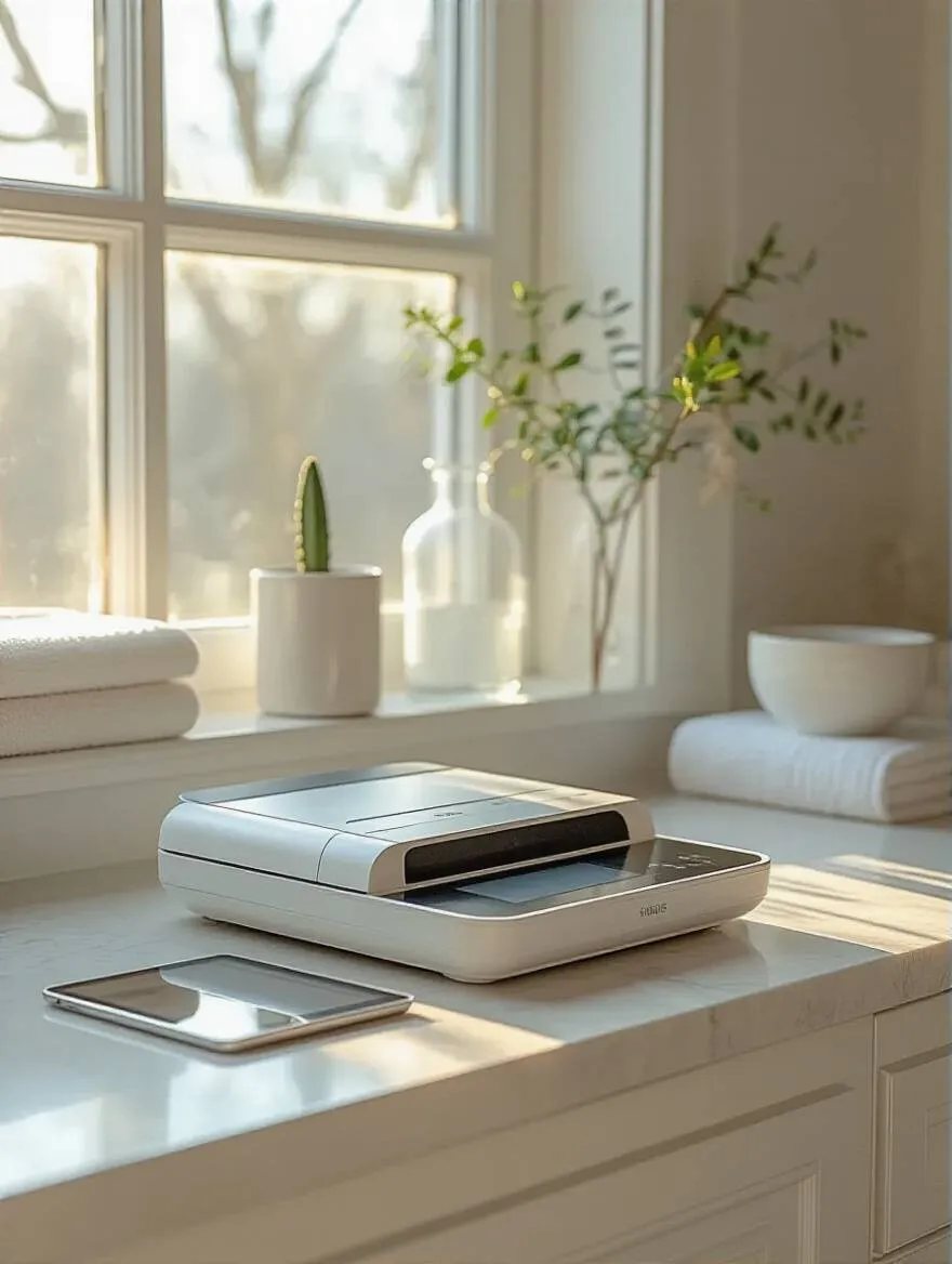 Minimalist bathroom with digital scanner and clutter-free countertop