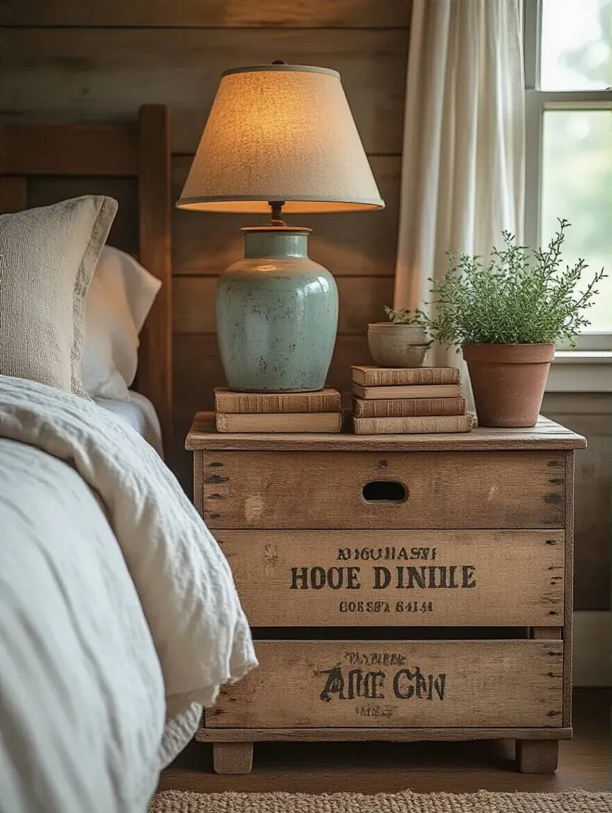 Cozy farmhouse bedroom corner featuring vintage nightstand with worn character and distressed decor