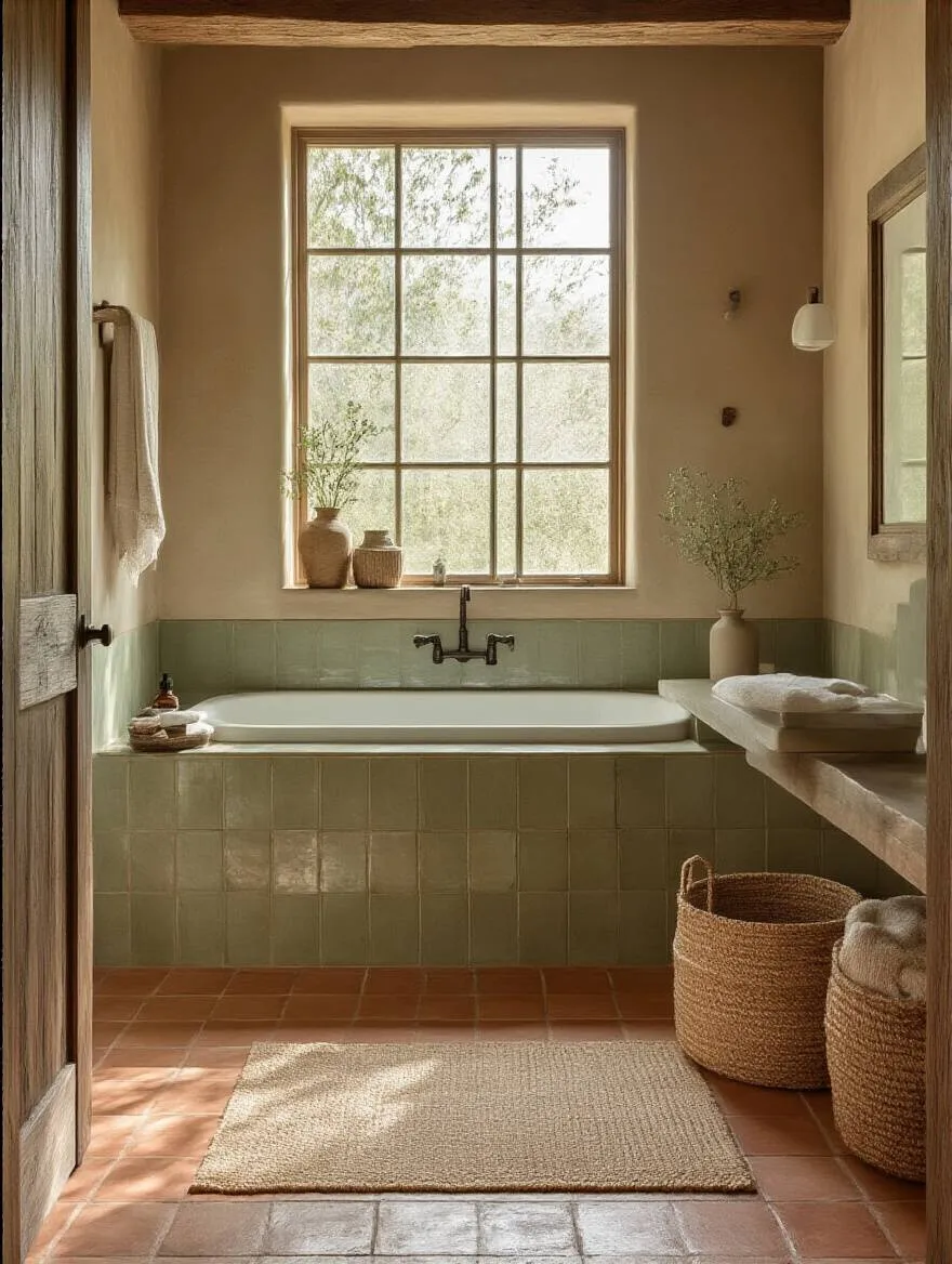 Rustic bathroom with earth-toned color palette featuring warm taupe walls and deep sage green accents.
